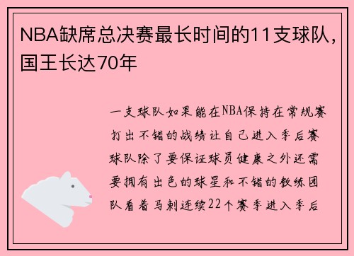 NBA缺席总决赛最长时间的11支球队，国王长达70年