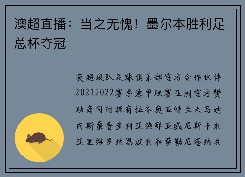 澳超直播：当之无愧！墨尔本胜利足总杯夺冠